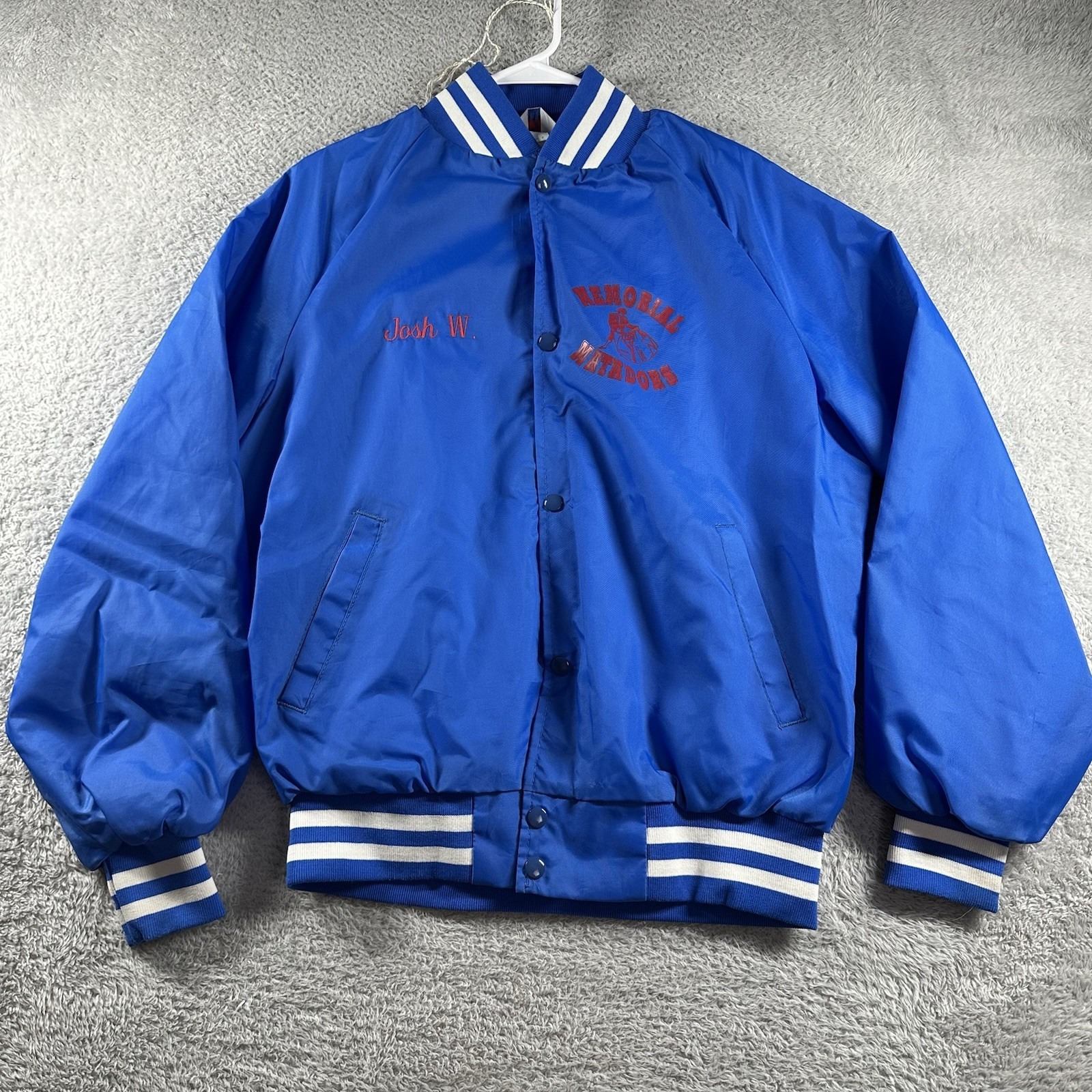 Vintage Satin Bomber Jacket Mens Large Blue Snap Button Local School Lightweight